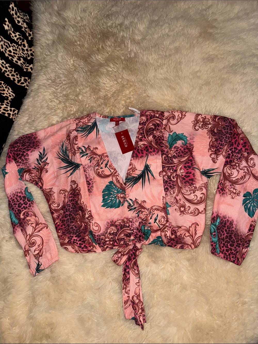 GUESS Pink Floral Tie-Front Crop Top with Teal Accents Medium NWT